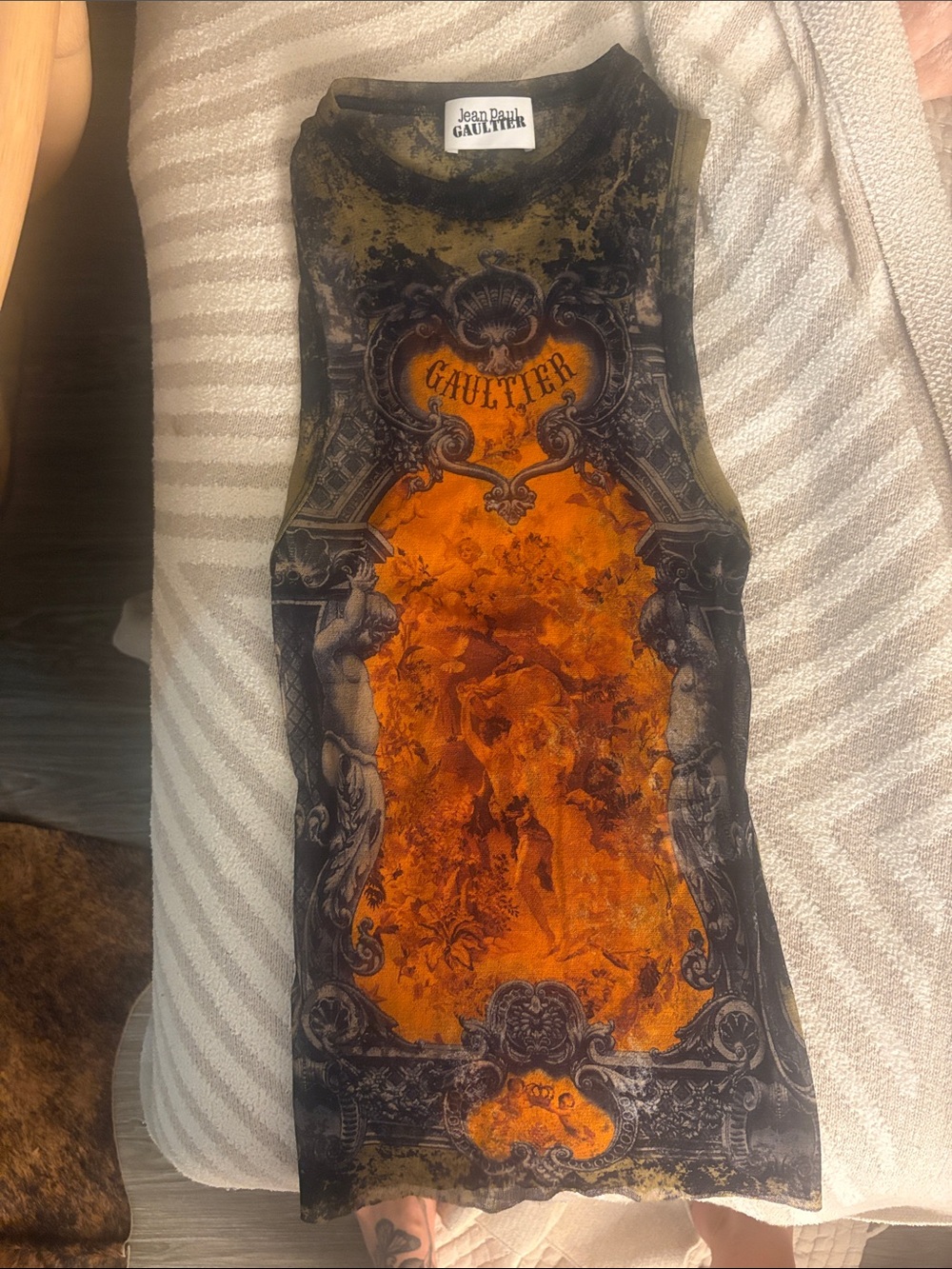 Jean Paul Gaultier Orange and Black Baroque Graphic Tank